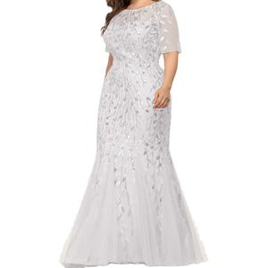 צמחים פירוט נצנצים עגול צוואר קצר שרוול רשת גדול שושבינה שמלה - Product Image 1