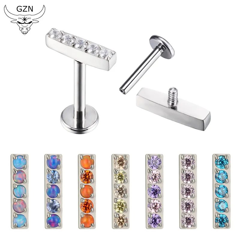 Gzn ASTM F136 Titanium 16G Piercing 5 CZ Tile Top Labret Cartilage CZ Body Tragus Earrings Piercing Jewelry Wholesale