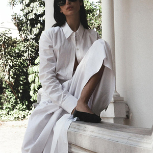 Abito a camicia lunga da donna con bottone a manica lunga in cotone bianco Maxi 2025 estivo da donna - Product Image 3