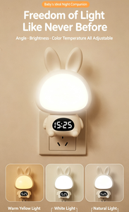 Veilleuse LED en forme de lapin, lumière blanche chaude, à brancher, lampe pour chambre d'enfant avec affichage de l'heure numérique - Product Image 5