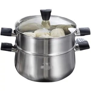 High quality large stainless steel 30cm couscoussier double layer steamer pot with visible glass lid
