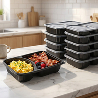 Boîte à lunch bento rectangulaire noire jetable à 2 compartiments, pour pique-nique, préparation de repas, plats à emporter, contenants de stockage alimentaire en plastique