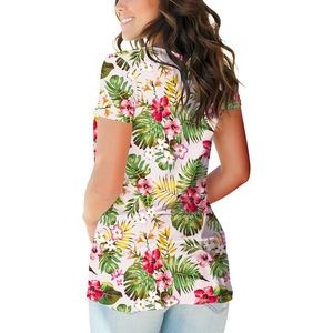 Camiseta de Cuello en V con Estampado Tropical para Mujer, Ligera, Veraniega, Beige, Talla S, Tejido Jersey Transpirable - Product Image 3
