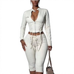 Ensemble 2 pièces en jean KY Y2K pour femme : veste ajustée unie et pantalon capri, avec lacets, coupe courte et ourlet brut, style streetwear coordonné - Product Image 4