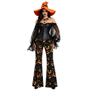 Conjunto de disfraz de bruja de Halloween con diseño de calabaza, traje moldeador de malla con hombros descubiertos y pantalones largos con cuernos - Product Image 4