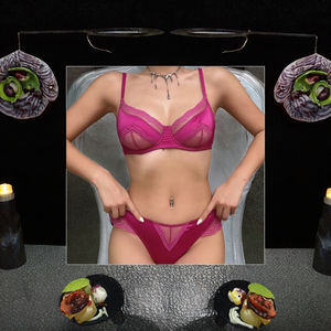 Franse stijl ultradunne sexy glanzende 2-delige bh-set ODM dobby stof laaggetailleerde kantversiering ademend uitgesneden ontwerp - Product Image 3