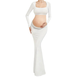 Maternity Autumn Photo <strong>Shooting</strong> Dress Square Collar Stretchy Fishtail Silhouette Hollow Back Belly Exposing Long Sleeve <strong>Clothes</strong> - Product Image 4