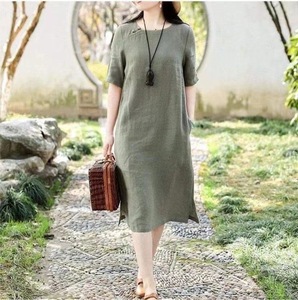 <span class=keywords><strong>Robe</strong></span> mi-longue décontractée d'été vintage en <span class=keywords><strong>coton</strong></span> et <span class=keywords><strong>lin</strong></span> à manches courtes pour femme, idéale pour la <span class=keywords><strong>plage</strong></span> et les fêtes - Produit tendance OEM Liu Ming - Product Image 3