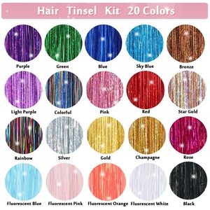 Kit di Tinsel per <span class=keywords><strong>Capelli</strong></span> 20 Colori 4800 Ciocche 48 Pollici Resistenti al Calore <span class=keywords><strong>Extension</strong></span> <span class=keywords><strong>Capelli</strong></span> Lisci con Clip Glitter Fatati per Ragazze - Product Image 2