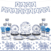 Haute qualité jetable bleu blanc mariage thème fête vaisselle moderne vente chaude nappe bannières pour décorations de fête