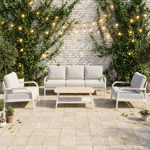 Ensemble <span class=keywords><strong>de</strong></span> <span class=keywords><strong>salon</strong></span> <span class=keywords><strong>de</strong></span> <span class=keywords><strong>jardin</strong></span> moderne <span class=keywords><strong>en</strong></span> aluminium blanc avec coussins imperméables <span class=keywords><strong>gris</strong></span> clair et table basse <span class=keywords><strong>en</strong></span> bois, 4 pièces - Product Image 1