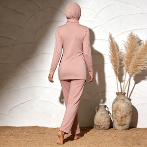 Pink Burkini 3 Piece <b>Set</b> Women Side Twist Ruched <b>Modest</b> Islamic Swimwear Long Sleeve Top And Hijab Swim Suit Wholesale - Product Image 4