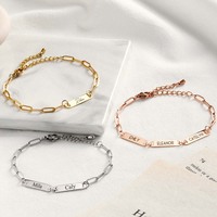 Bracelet chaîne trombone en acier inoxydable avec petit pendentif barre, couleur argent, or, or rose, longueur réglable