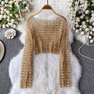 T-shirt court à manches longues pour femme, style européen, nouveau, élégant, haut de gamme, avec des <span class=keywords><strong>perles</strong></span> et des paillettes, col rond, coupe ajustée - Product Image 4