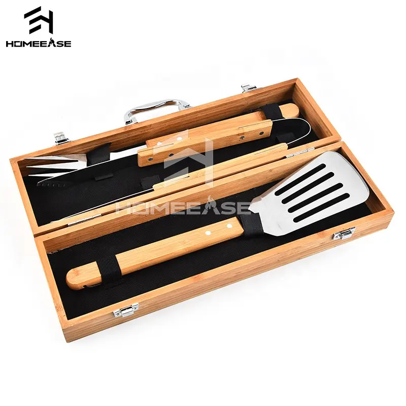 Wholesale 3 piece kitchen cooking stainless steel fork bamboo box bbq barbecue grill tool set
