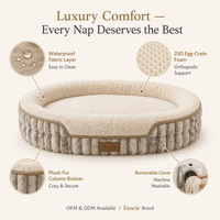 Lit de luxe pour animaux de compagnie Fancie en gros, ovale, en mousse orthopédique alvéolée, avec coussin de soutien en peluche, housse imperméable et patch en cuir, tailles S M L XL, OEM