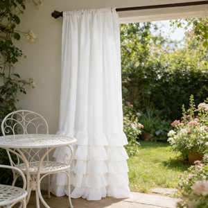 Tenda Bianca Stile Rustico con Balze, Tenda Solida <span class=keywords><strong>per</strong></span> Finestra con Tasca <span class=keywords><strong>per</strong></span> Asta e Orlo a Balze a Strati - Product Image 6