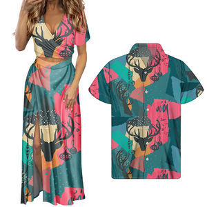 Abbigliamento Coordinato per Coppie, Vestito Estivo da Donna e Camicia da Uomo Personalizzabili <span class=keywords><strong>con</strong></span> Logo, Completo Casual <span class=keywords><strong>con</strong></span> Abiti <span class=keywords><strong>Lunghi</strong></span> - Product Image 3