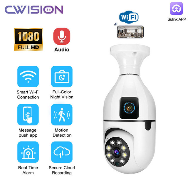 E27 Dual Lens Full Color Night Vision PTZ Camera Smart Home Wireless Security Wifi One-Way Audio Remote Bulb CMOS Sensor Motion