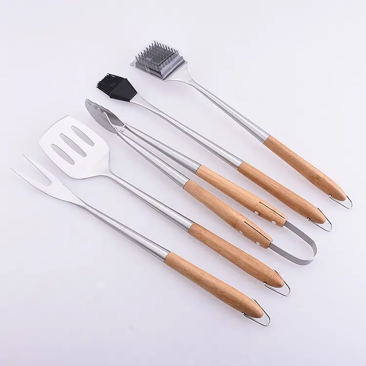 Natural Bamboo Handle Camping Barbecue Accessories BBQ Tools Set Outdoor Cooking BBQ Tools Set