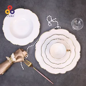 三环新骨瓷陶瓷餐具套装蛋白石餐盘套装花形配手绘金线