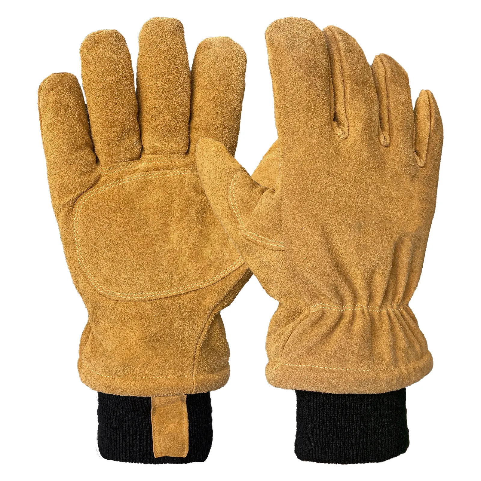 Wholesale Double Layers Cowhide Leather Fleece Lined Winter Work Gloves for Men with Elastic Cuff