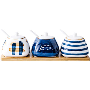 Japonais plateau en bambou céramique récipient à <span class=keywords><strong>condiments</strong></span> de cuisine ensemble de pots de sel et de sucre - Product Image 1