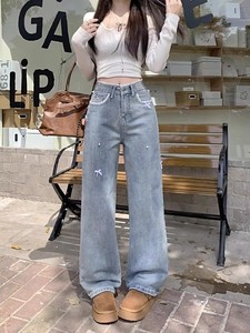 Jeans de Mezclilla <span class=keywords><strong>para</strong></span> <span class=keywords><strong>Mujer</strong></span>, Diseño Nuevo con Lazo, Cintura Alta, Color Sólido, Otoño/Invierno, Pierna Recta Ancha, Pantalones Holgados - Product Image 2