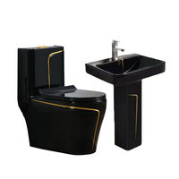 Ensemble WC et lavabo sur pied en céramique noire brillante de luxe avec finition dorée, économie d'eau, anti-odeur, facile à nettoyer, idéal pour appartement