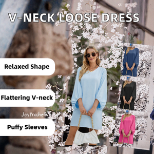 Vestido Casual Holgado con Cuello en V para Mujer, Largo hasta la Rodilla, Color Sólido, Bordado, Tejido de Punto, Manga Abullonada, Poliéster, Primavera-Otoño 2025 - Product Image 2