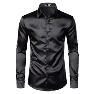 Men's Black Satin Deluxe Dress Shirt 2022 Silk Soft Dress Shirt Fitted Casual Wedding And Graduation Party