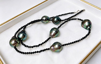 Kalung Perak Sterling 925 dengan Pengait, Batu Spinel Hitam Tahitian Berbentuk Lingkaran, Motif Malam Berbintang