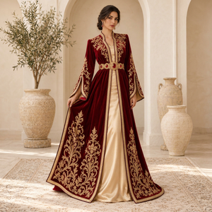 Caftán Marroquí de Terciopelo Color Ciruela con Mangas Campana, Cinturón Adornado con Joyas y Vestido Interior de Satén Color Champán, Cuello en V, Corte Holgado, Ideal para Fiestas y Eventos - Product Image 1