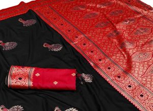 Lightweight Festival Wear Black Silk Saree With Peacock Embroidery <b>Red</b> Border And <b>Blouse</b> For Wedding And Festival Wear - Product Image 2