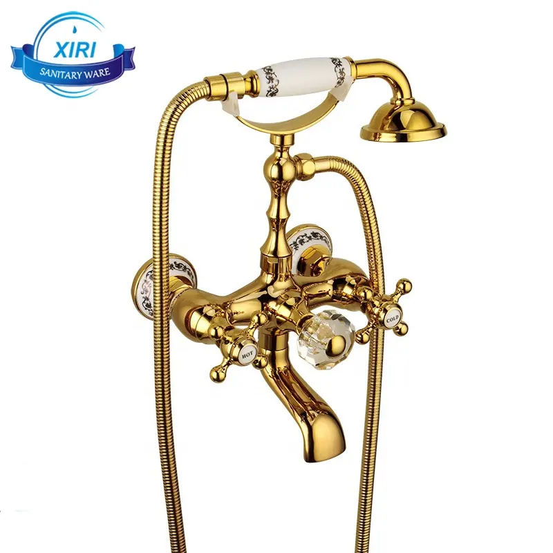 Sang Trọng Cổ Điển Brass Vàng Treo Tường Bath Và Vòi Hoa Sen Đặt Với Màu Xanh Và Trắng Sứ Vòi Sen BF1453