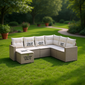 7-Piece Beige Poly Rattan Garden <b>Sofa</b> <b>Set</b> Outdoor Furniture Powder Coated Steel Frame Contemporary Design - Product Image 2
