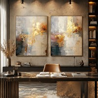 Peinture à l'huile abstraite verticale de luxe faite à la main en acrylique avec feuille d'or neutre, texture épaisse, sur toile encadrée, pour entrée de villa
