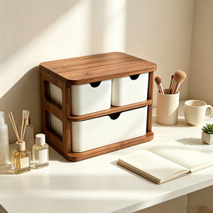 Bamboo Fiber Double Layer Desktop Storage <b>Box</b> With Drawers Cosmetic Organizer For <b>Makeup</b> And Office Supplies - Product Image 3