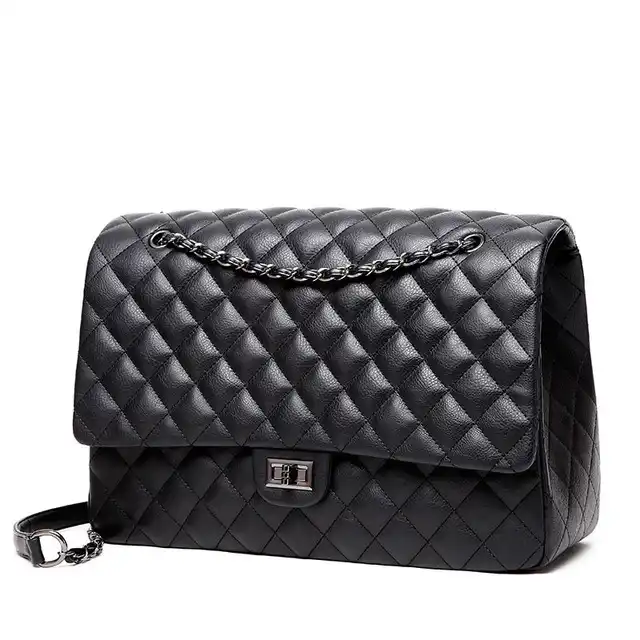 Quilted Shoulder Tote Bag Black Large Capacity Chain Strap