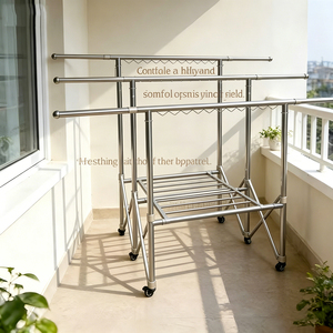 Séchoir à linge <span class=keywords><strong>mobile</strong></span> robuste en acier inoxydable à 6 roues pour intérieur et extérieur, pliable et extensible - Product Image 5