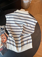 Débardeur en tricot rayé style preppy pour femme, col polo avec broderie, haut en tricot polyvalent, accepte la personnalisation sur échantillon