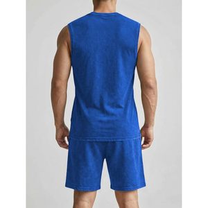 FOXA Men's Vintage Acid Wash Sleeveless Tank Top And Shorts <b>Set</b> Cotton Breathable Casual Wear - Product Image 6