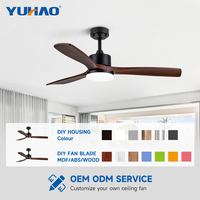 Ventilateur de plafond LED intelligent personnalisé en bois massif à 3 pales, moteur BLDC silencieux, 52 pouces, pour bureau, salle de classe, salon