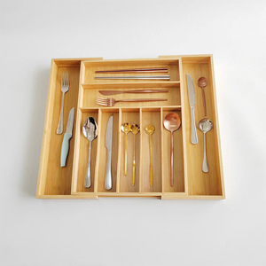 Caja organizadora telescópica de bambú con nueve compartimentos para cubiertos, organizador de cajones para cuchillos, vajilla y almacenamiento de escritorio. - Product Image 1