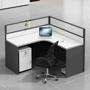 Poste de travail de bureau en forme de L avec cloison en verre trempé de qualité E0 et armoire mobile verrouillable - Product Image 1