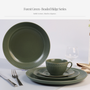 Service de table en céramique en grès vert forêt avec texture de bordure perlée, couleur unie, vaisselle moderne pour un usage quotidien - Product Image 4