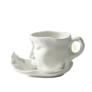 咖啡杯带盖底座陶瓷创意个性面部艺术用于升华咖啡杯情人节结婚礼物