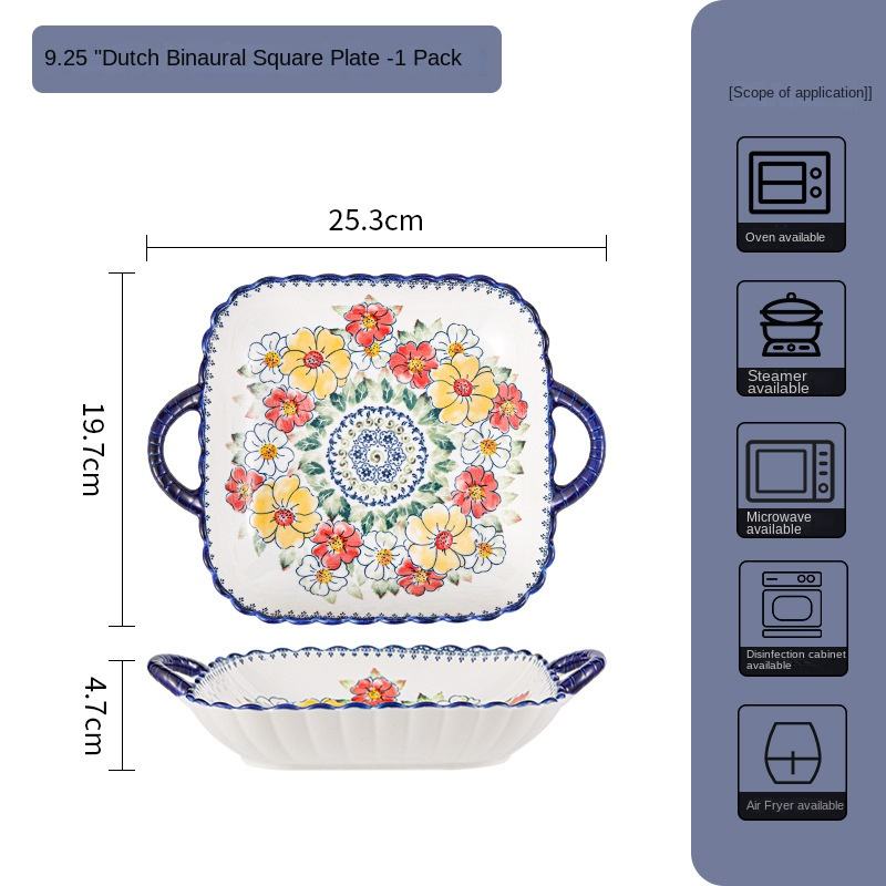 9.25-inch Dutch Binaural Square Plate-Polish Flowers