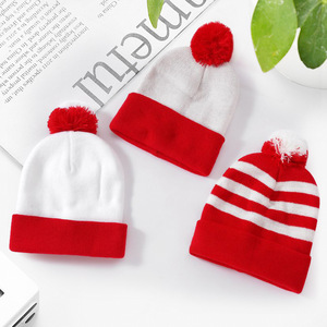 Christmas Knitted Hat Red White Color Block Pom Pom Warm Windproof Winter Hat - Product Image 2