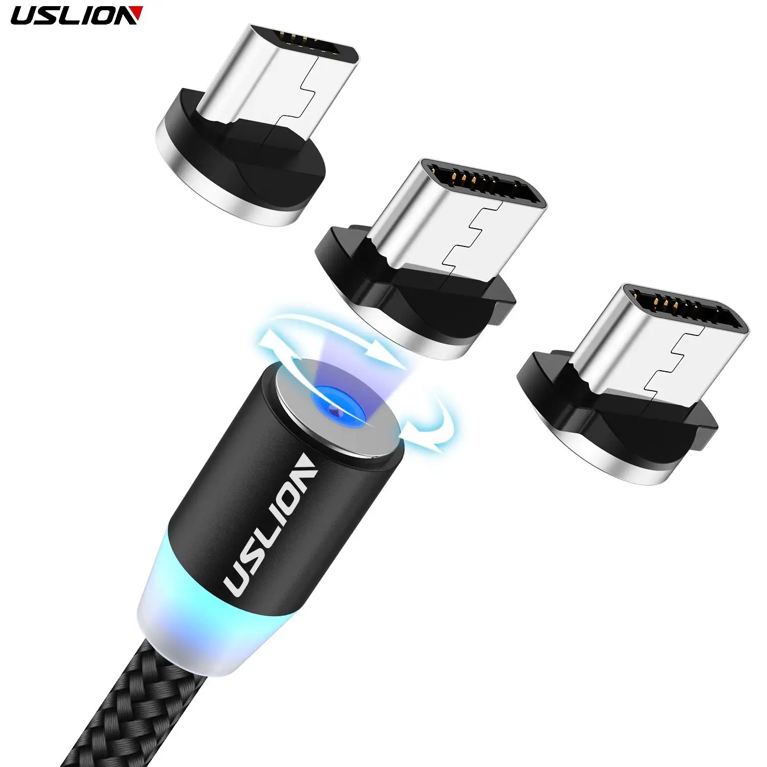 USLION 3 इन 1 USB मैग्नेटिक चार्जिंग केबल टाइप-सी माइक्रो-USB 360 डिग्री रोटेट 2 मीटर 2.4A फास्ट चार्जिंग केबल